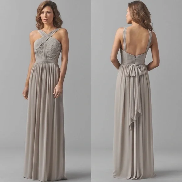 WATTERS MICAH SANDSTONE CRINKLE CHIFFON A LINE HALTER BRIDESMAID FORMAL GOWN - Picture 1 of 16